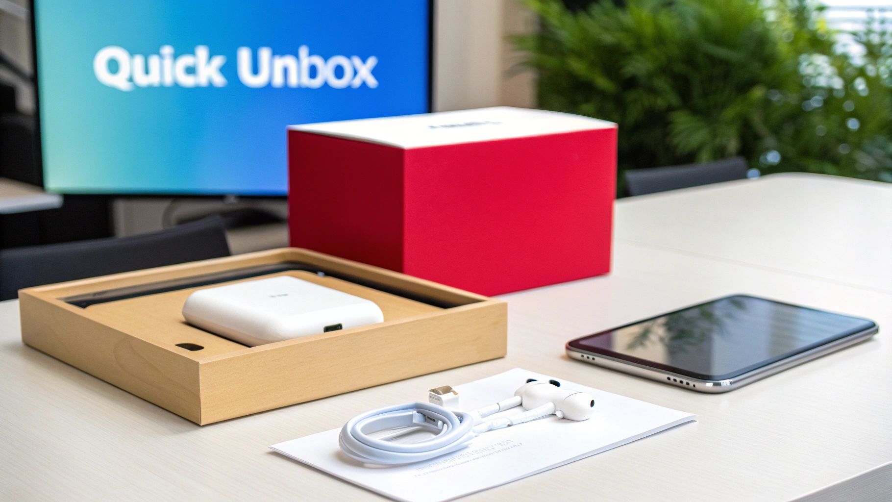 Electronics unboxing scene with a red box, tablet, earphones, and a screen showing 'Quick Unbox'.
