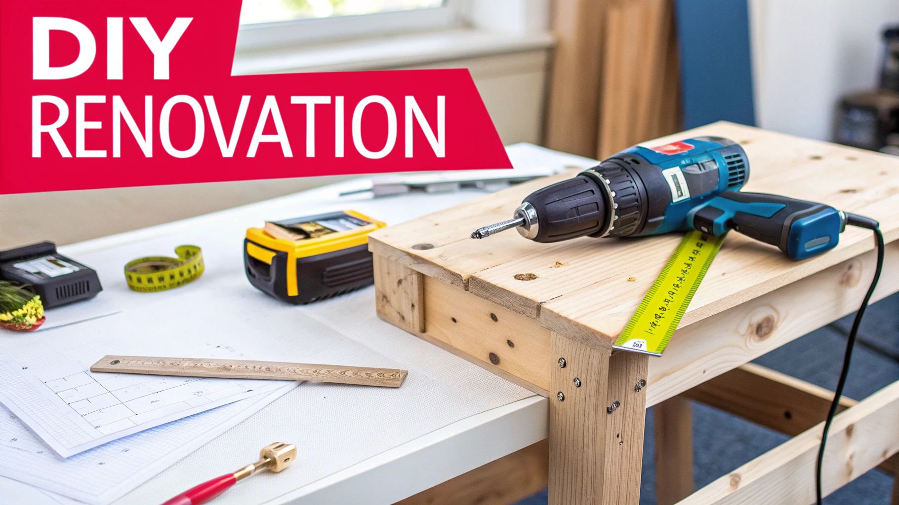 A power drill, ruler, tape measure, and renovation plans on a workbench for a DIY project.