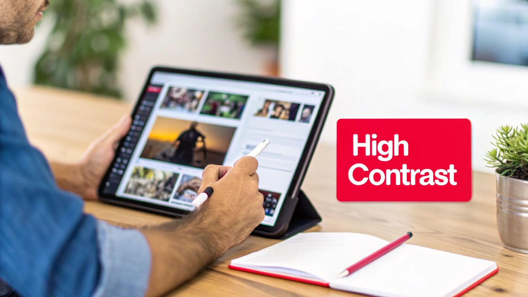 A person uses a tablet with a stylus on a wooden desk. A 'High Contrast' text box is visible.