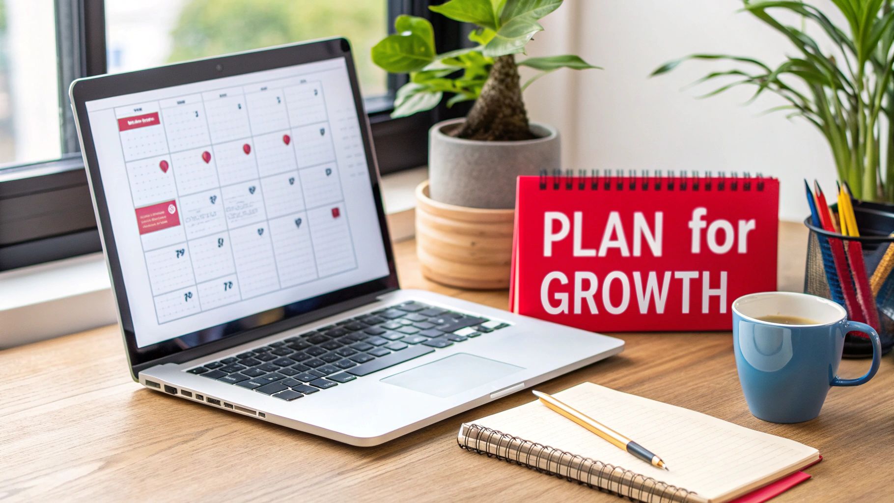 A laptop showing a content calendar, a 'PLAN for GROWTH' sign, coffee, and a notebook on a desk.