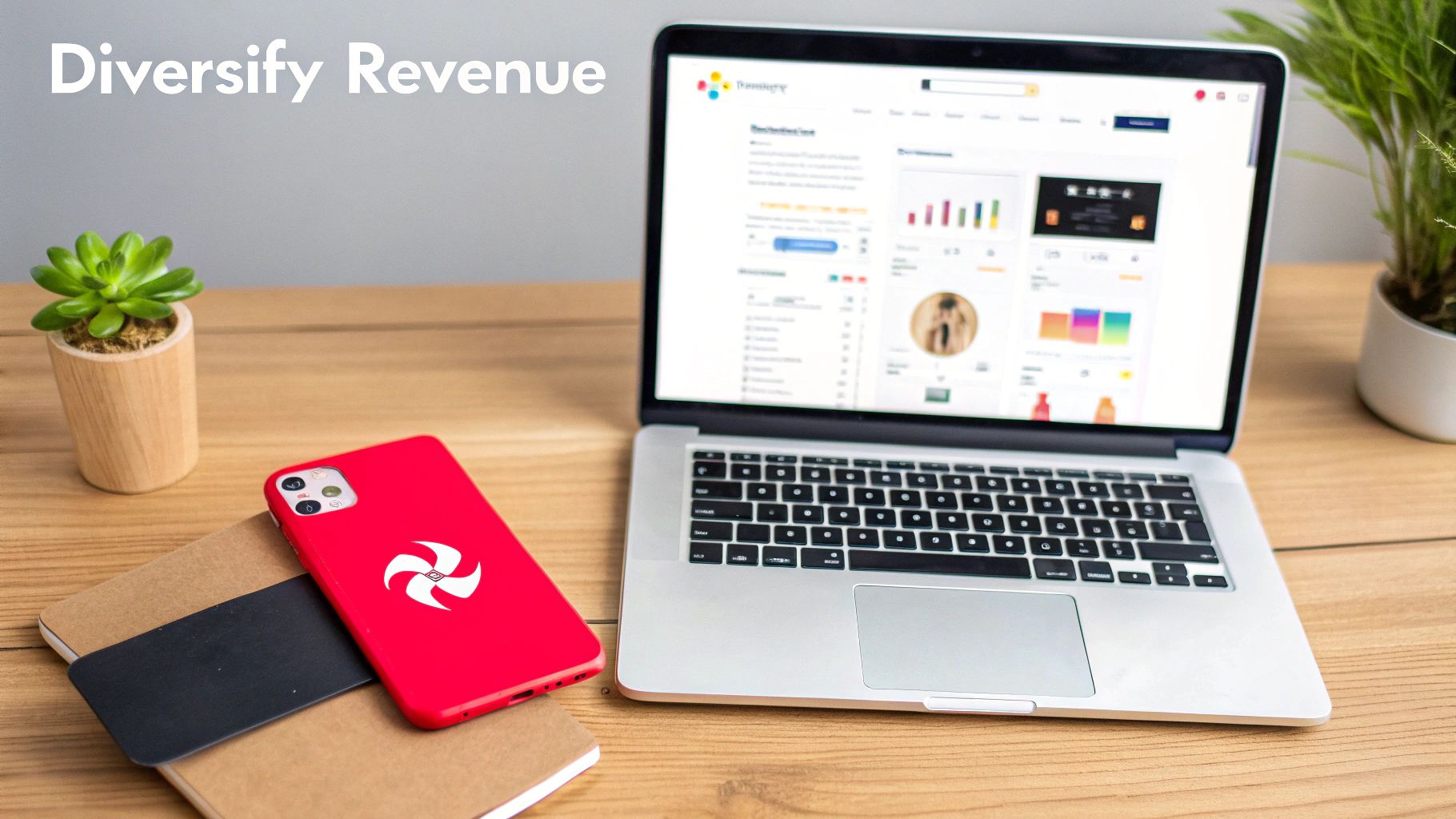 Workspace with laptop displaying business dashboard, red smartphone, and notebooks, emphasizing revenue diversification.