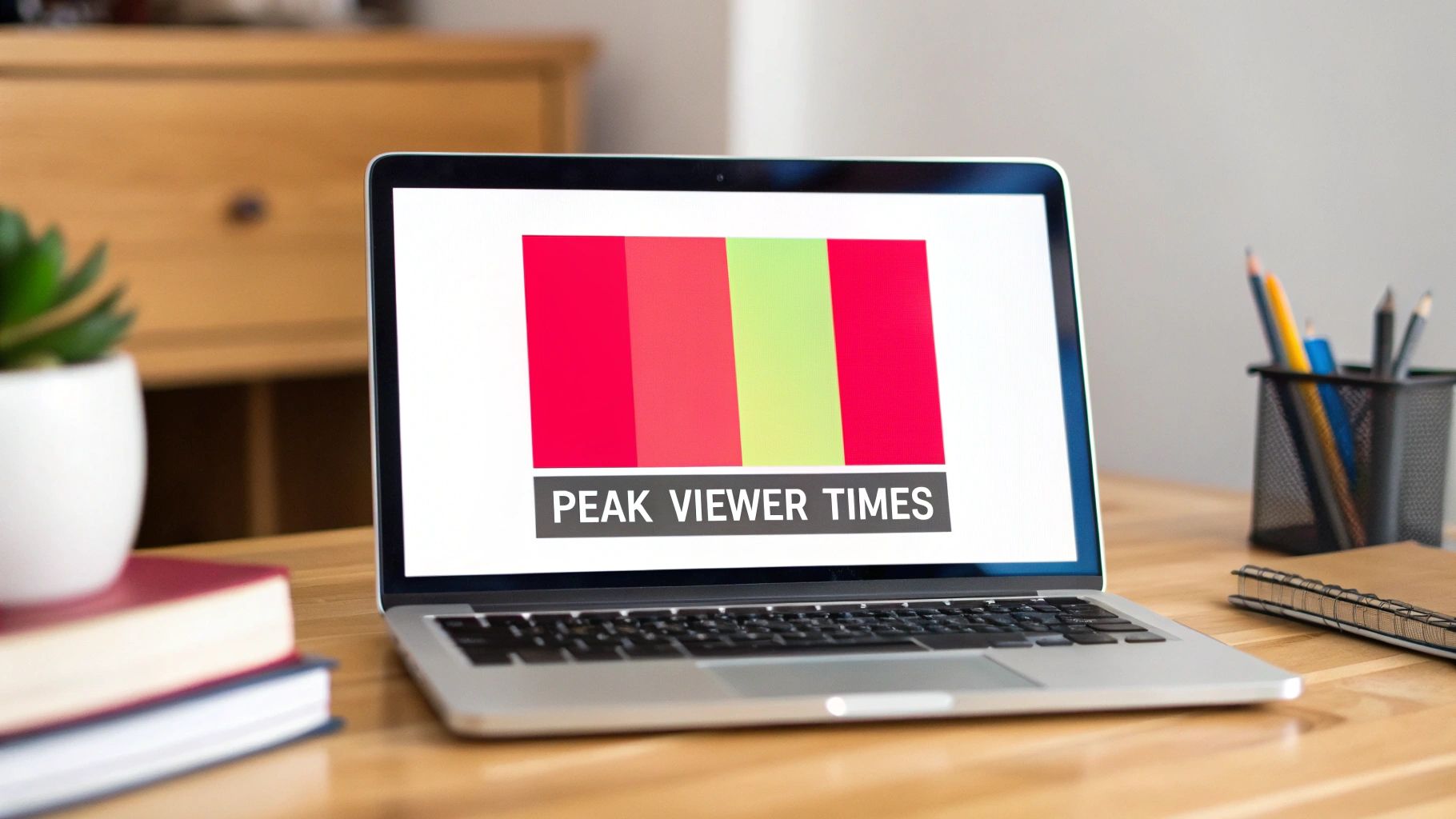 Laptop on a wooden desk displaying a colorful graph indicating peak viewer times.