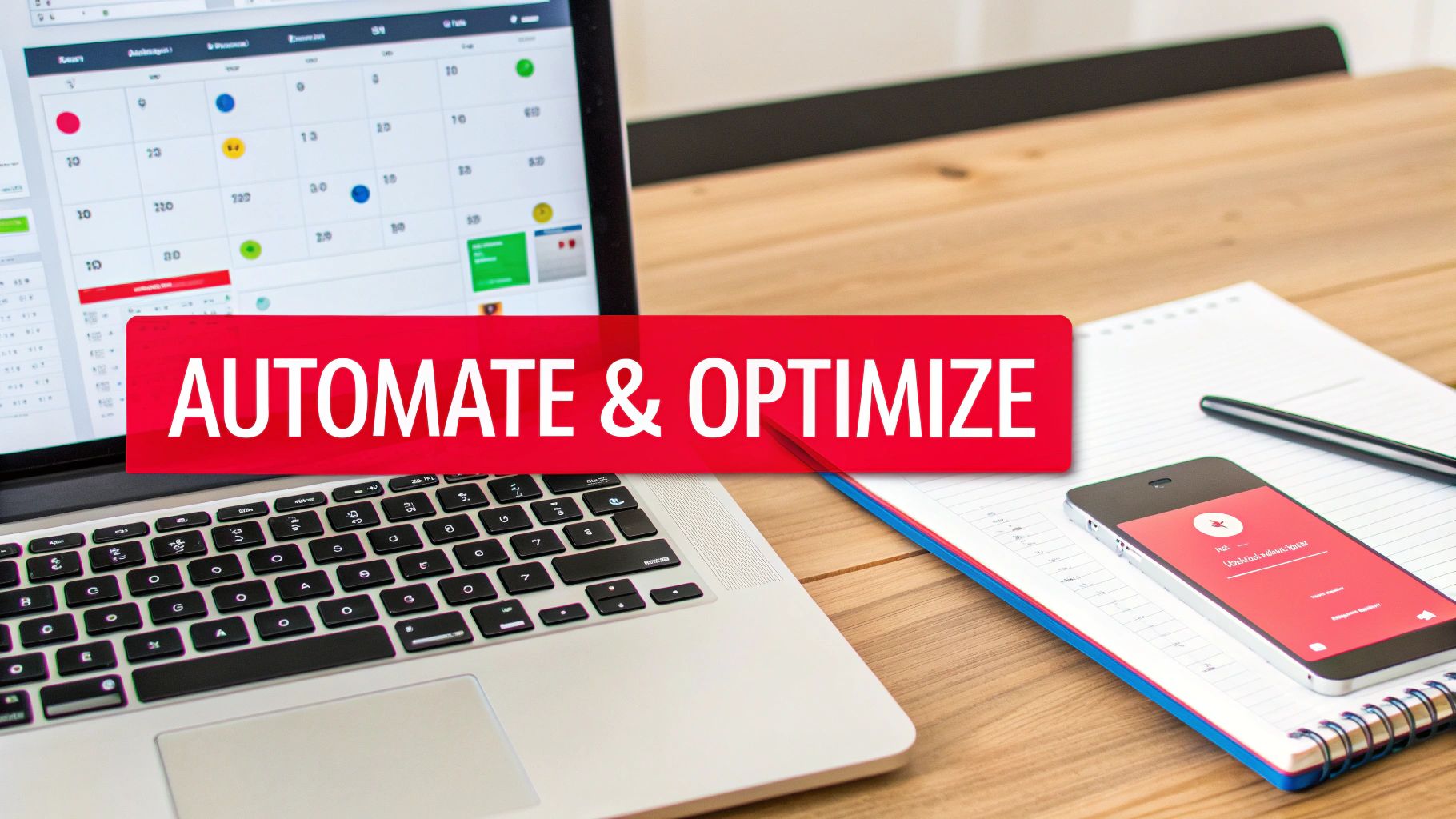 A laptop displaying a content calendar, a smartphone, and a notebook on a wooden desk with a red banner stating "AUTOMATE & OPTIMIZE".