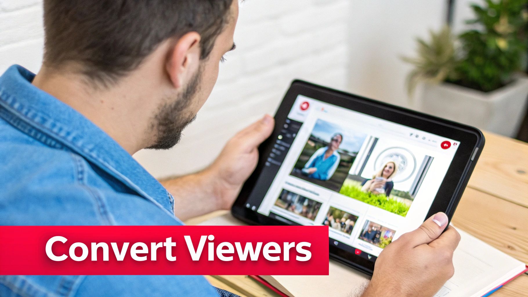 A man in a denim shirt looking at a tablet displaying social media content with a 'Convert Viewers' banner.
