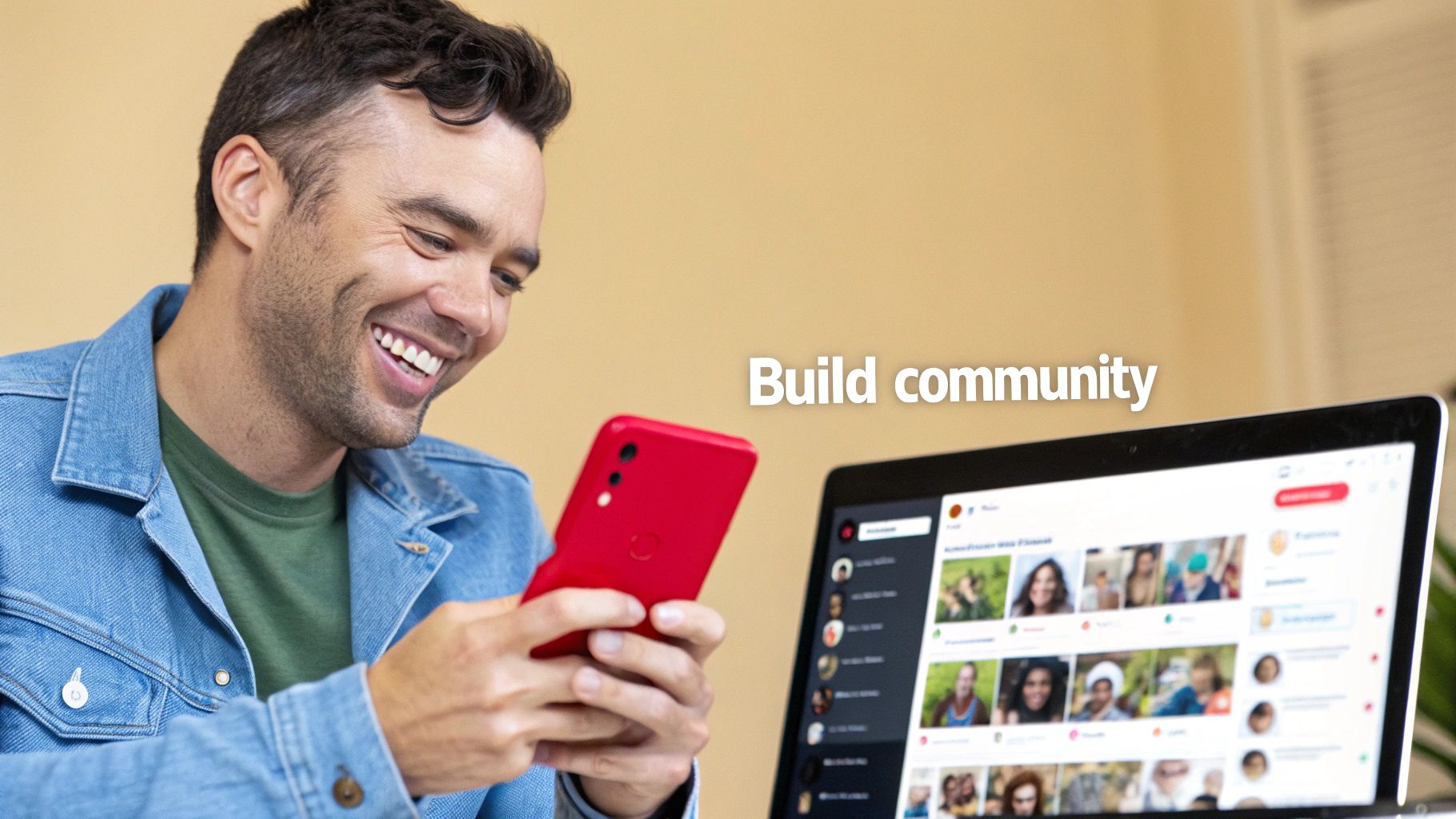 Smiling man engaging with a red smartphone and laptop, showing a social media community feed.