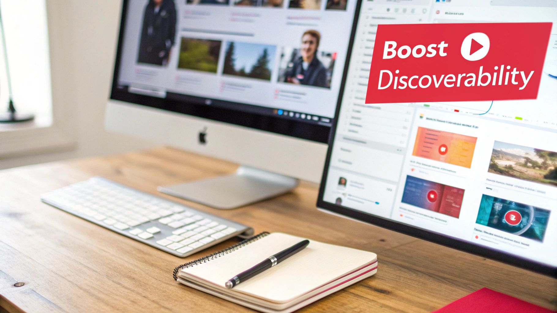 Modern desk with two computer monitors, keyboard, notebook, and pen, one screen displaying 'Boost Discoverability' for video content.