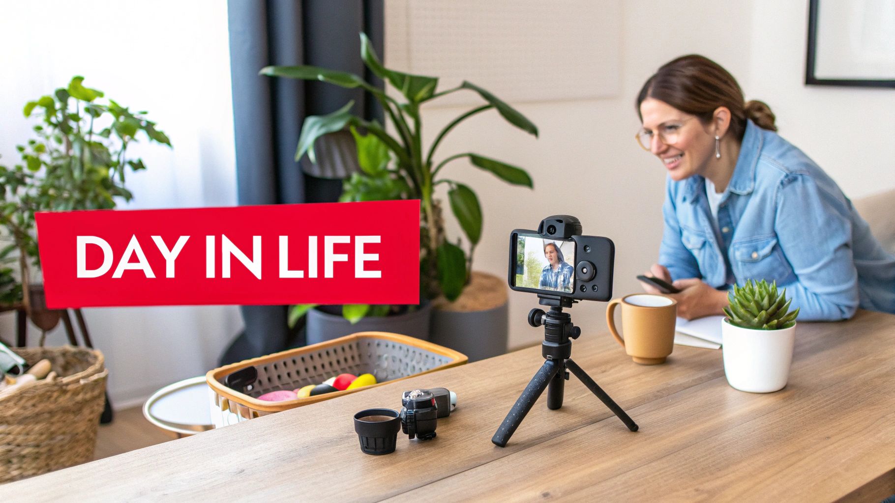A woman smiles while recording a "Day in Life" video with a smartphone on a tripod.