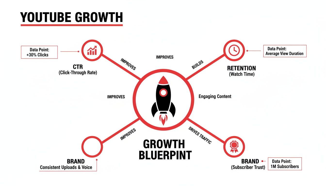 A YouTube growth blueprint infographic showing CTR, retention, and brand pillars, all driven by engaging content.