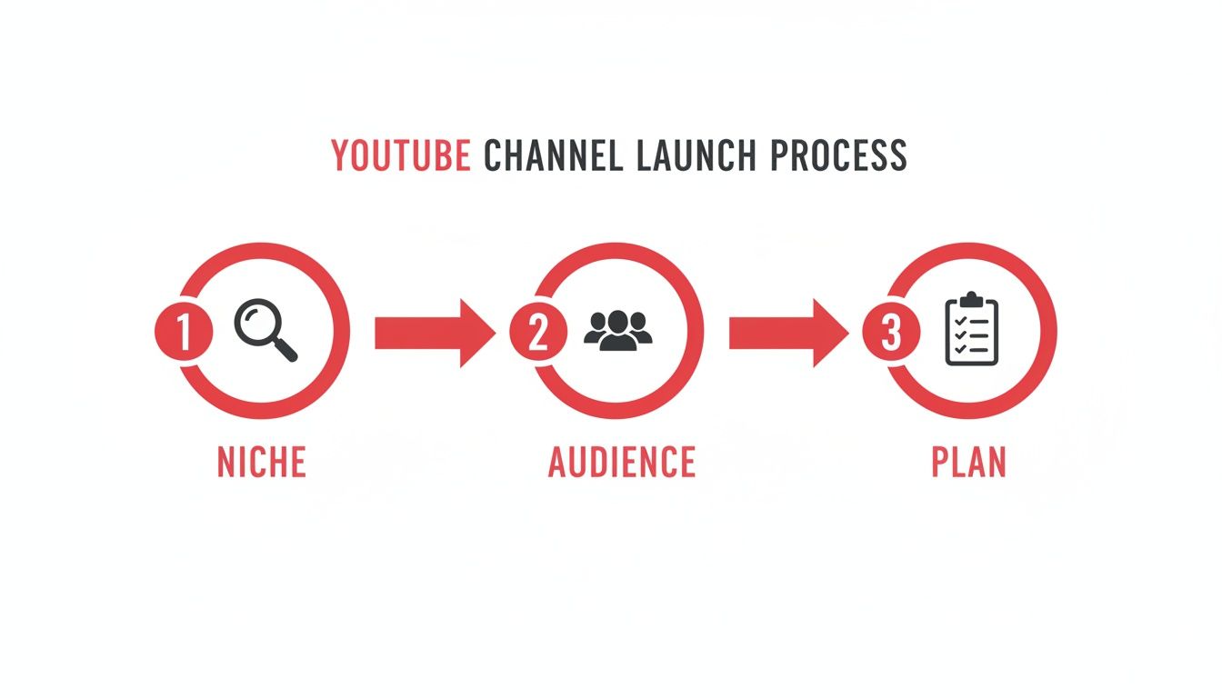 A visual guide to the YouTube channel launch process, detailing steps for Niche, Audience, and Plan.