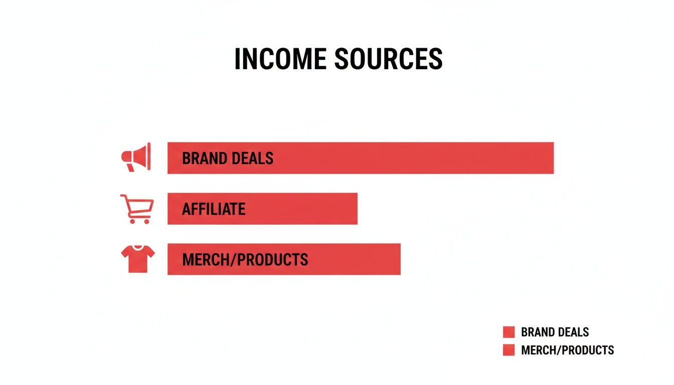 A bar chart illustrating income sources: Brand Deals, Affiliate, and Merch/Products, with Brand Deals being the largest.