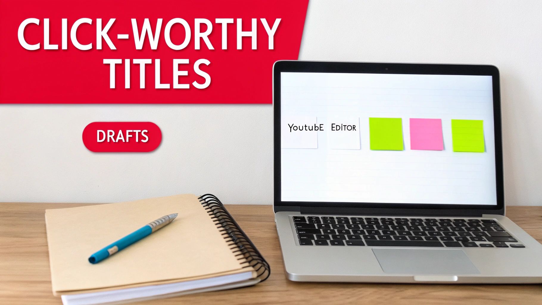 A creative workspace with a laptop displaying "YouTube EDITOR" and sticky notes, next to a notebook and pen, with text about "CLICK-WORTHY TITLES DRAFTS".