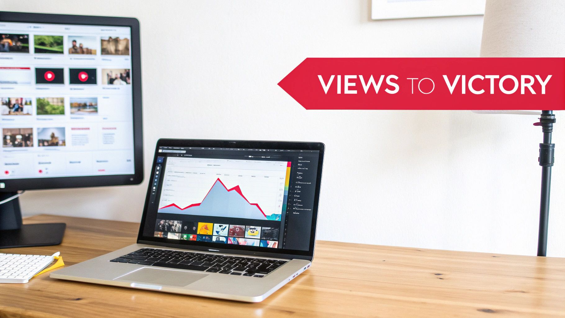 A desk with a desktop monitor showing YouTube videos and a laptop displaying a graph with a 'VIEWS TO VICTORY' banner.