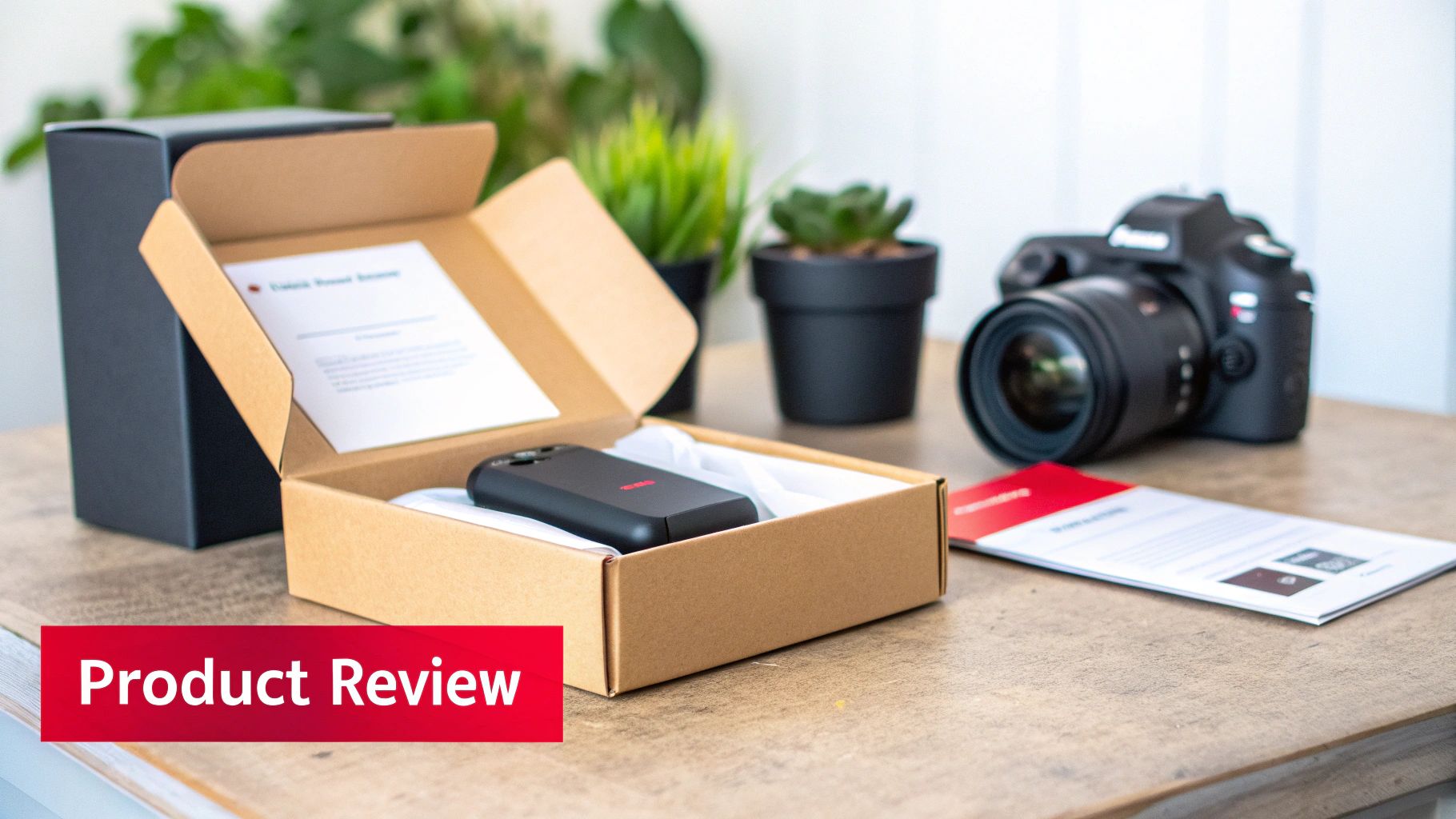 A black device with a red logo inside an open brown box, next to a black camera.