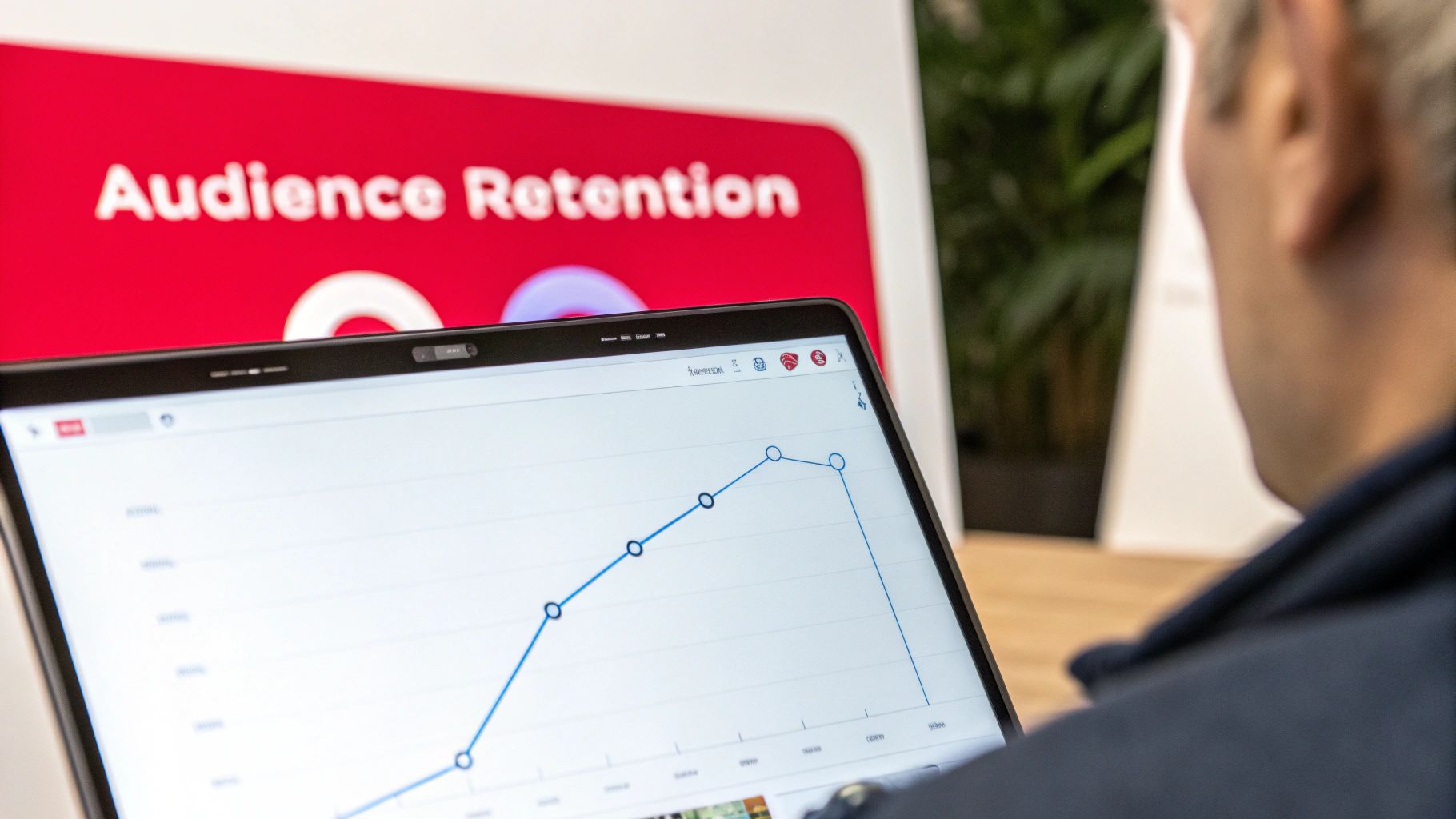 A person views a laptop displaying a line graph, with a red 'Audience Retention' sign in the background.