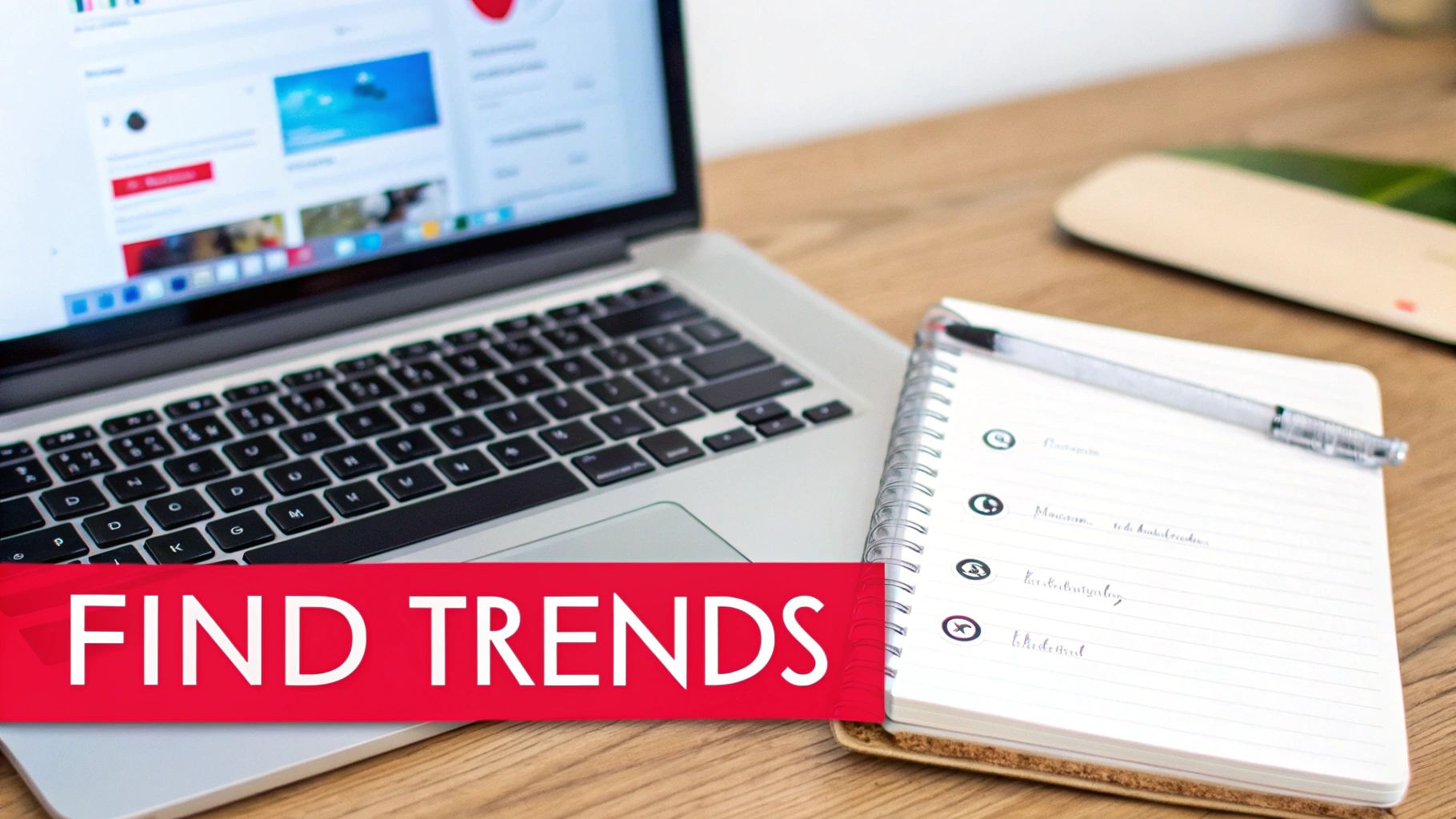 A laptop and notebook on a wooden desk with a red banner overlay stating 'FIND TRENDS'.