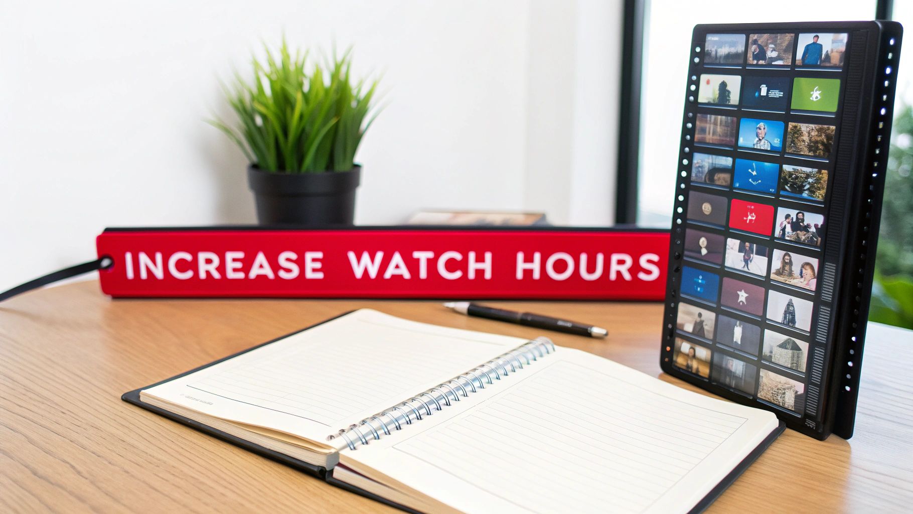 Desk setup with open notebook, pen, 'INCREASE WATCH HOURS' sign, and display of video thumbnails.