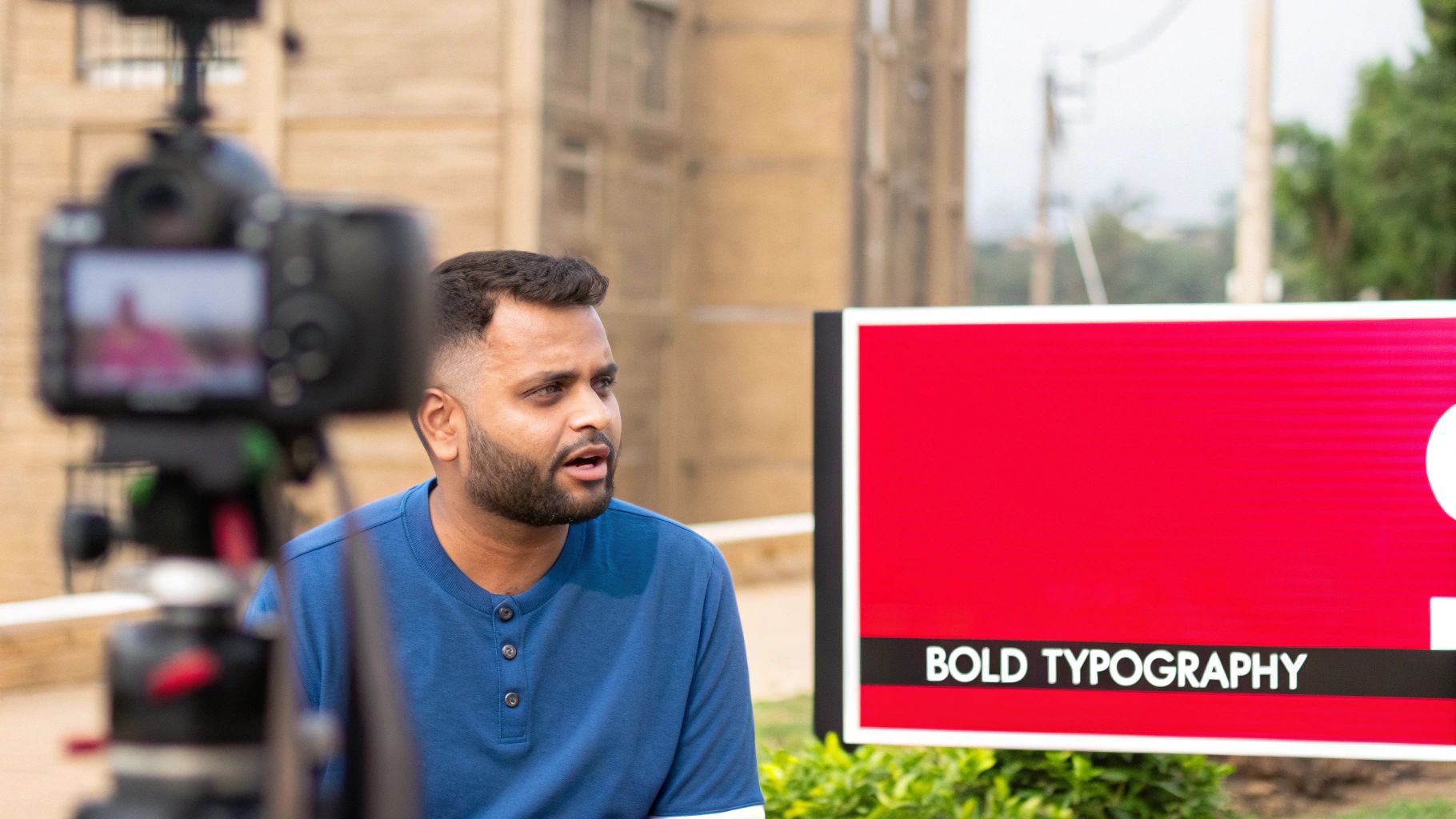 A man with a beard being filmed by a camera, standing next to a red sign with 'BOLD TYPOGRAPHY'.