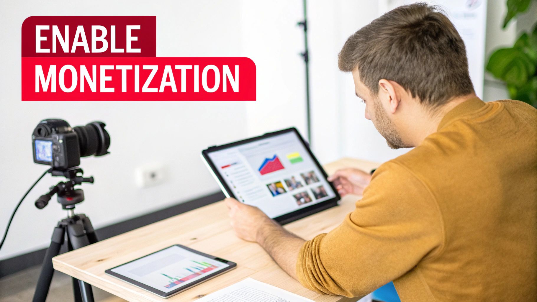 A man reviews content and analytics on tablets with a camera, indicating video monetization setup.