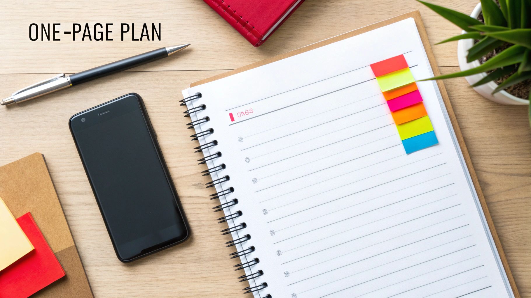 Overhead view of a workspace with a one-page plan notebook, pen, phone, and colorful sticky notes.