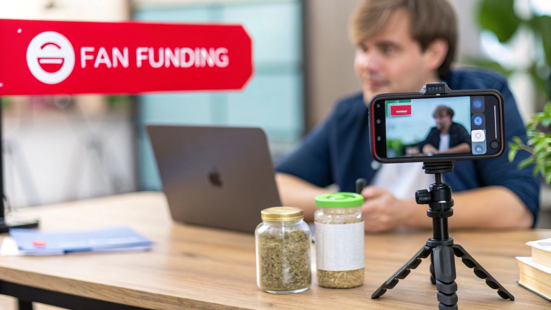 Man records video about fan funding with a smartphone, two jars of dried herbs on the table.