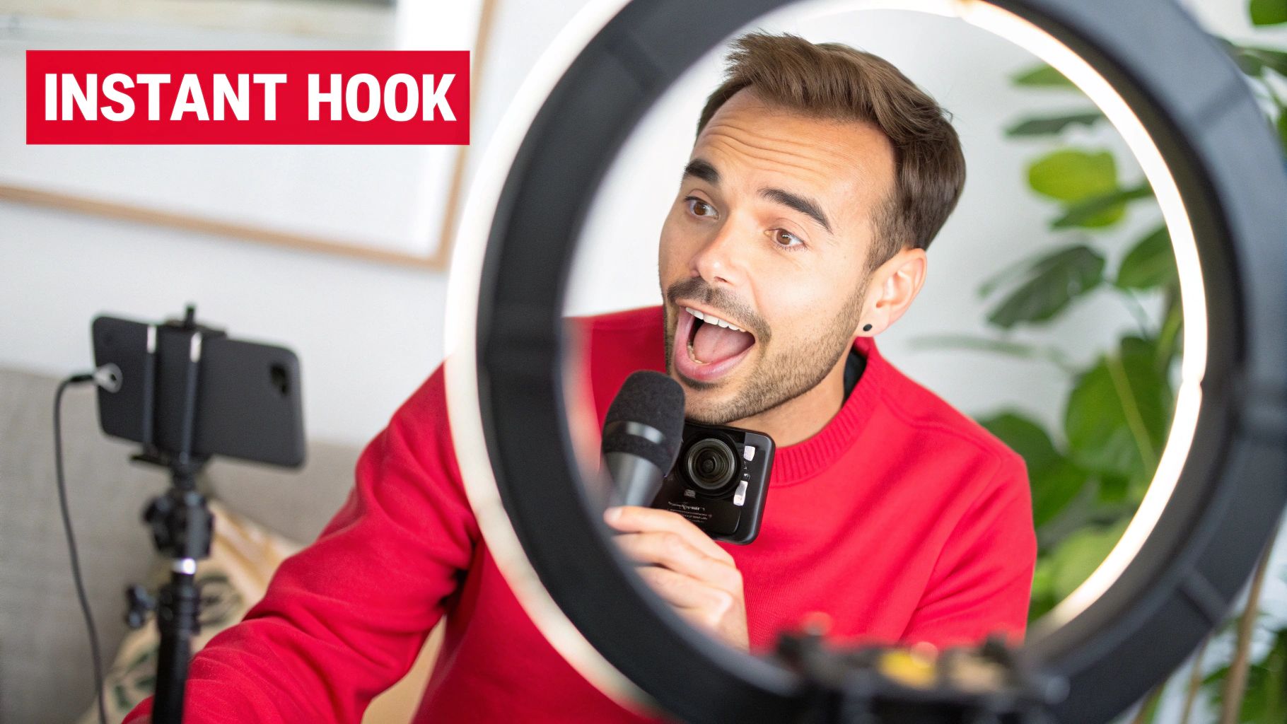 A man in a red sweater records a video with a smartphone, microphone, and ring light, with 'INSTANT HOOK' text.