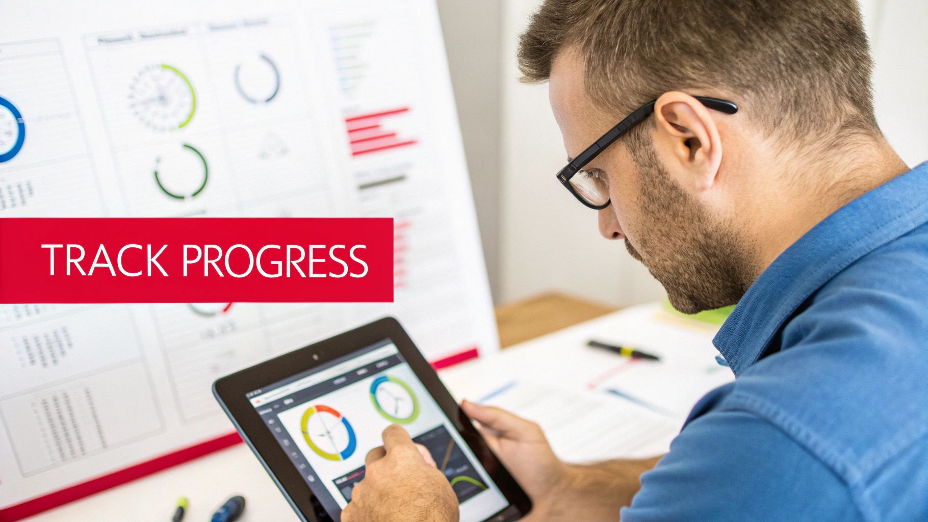 Man tracking progress on a tablet displaying data charts, with a background showing a dashboard.
