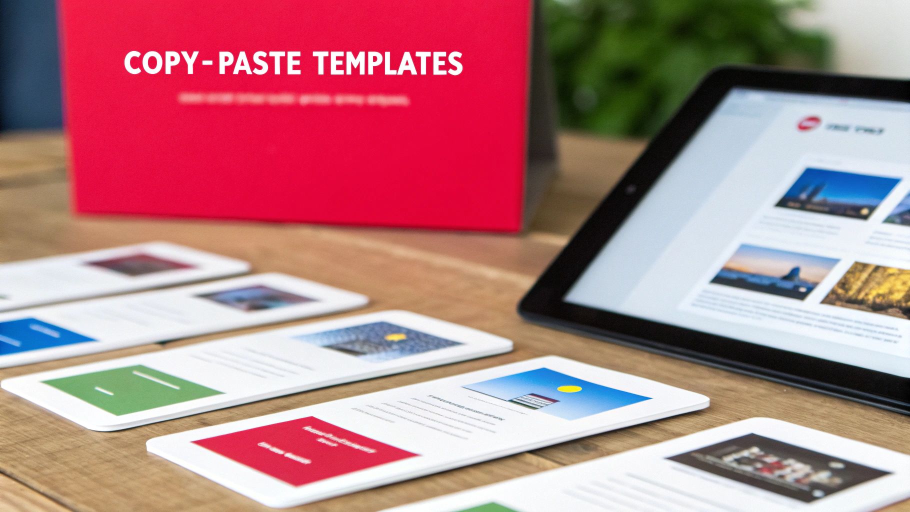 A red box labeled 'COPY-PASTE TEMPLATES' sits behind a tablet and several design template cards on a wooden desk.