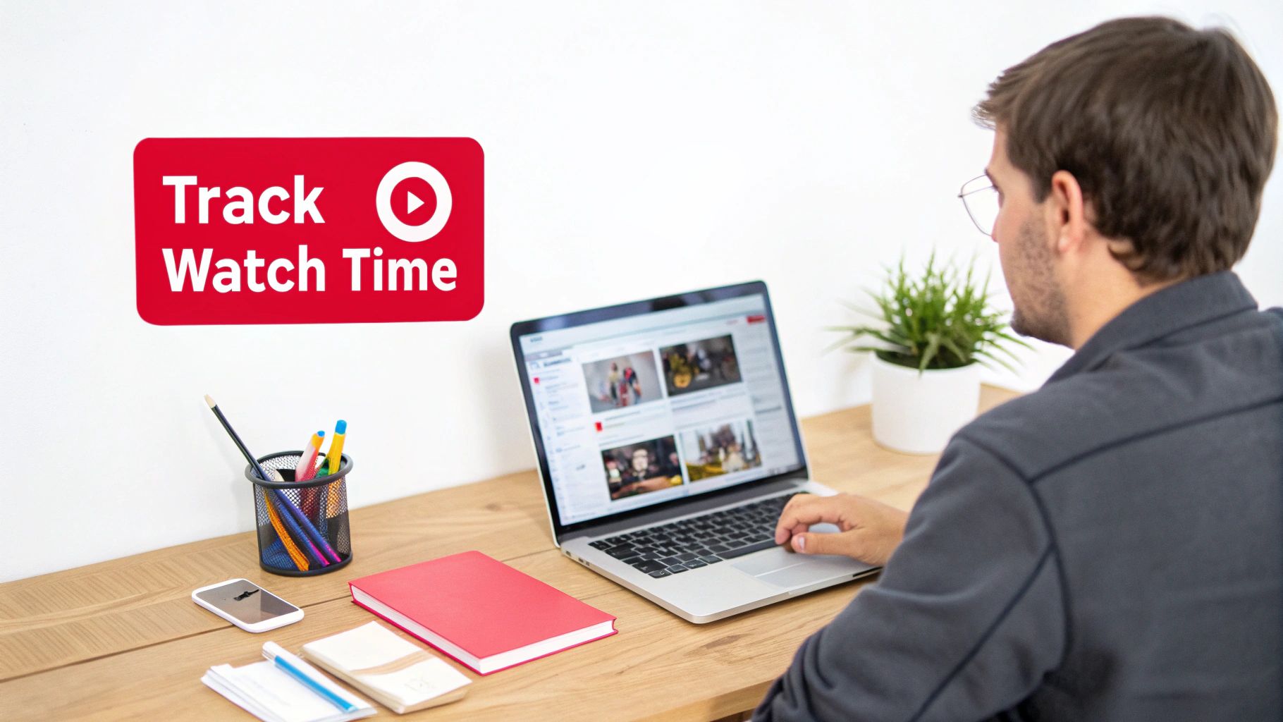 A man tracking YouTube watch time on his laptop at a desk with office supplies.