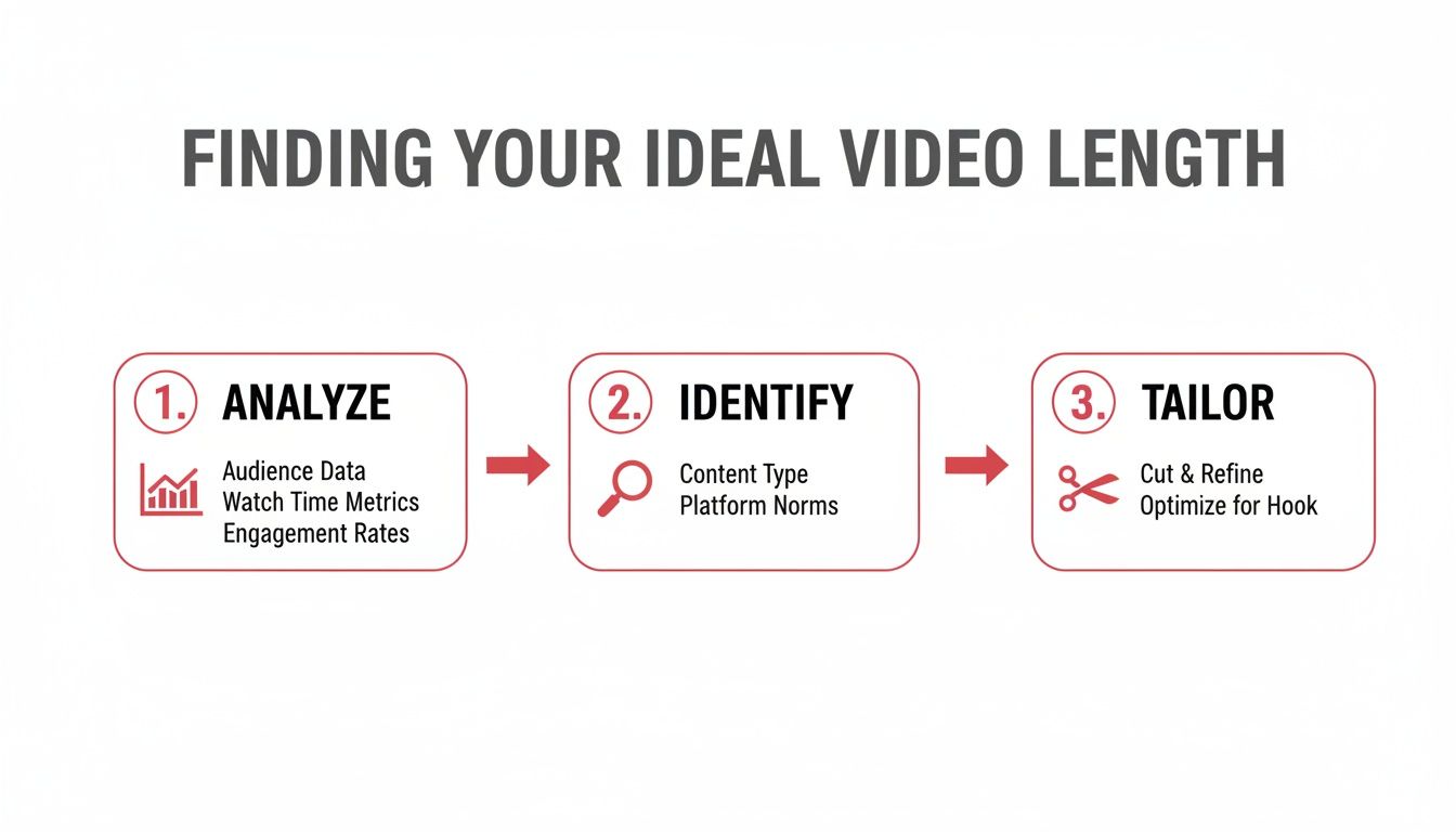 A three-step infographic outlining how to find your ideal video length by analyzing data, identifying content types, and tailoring content.