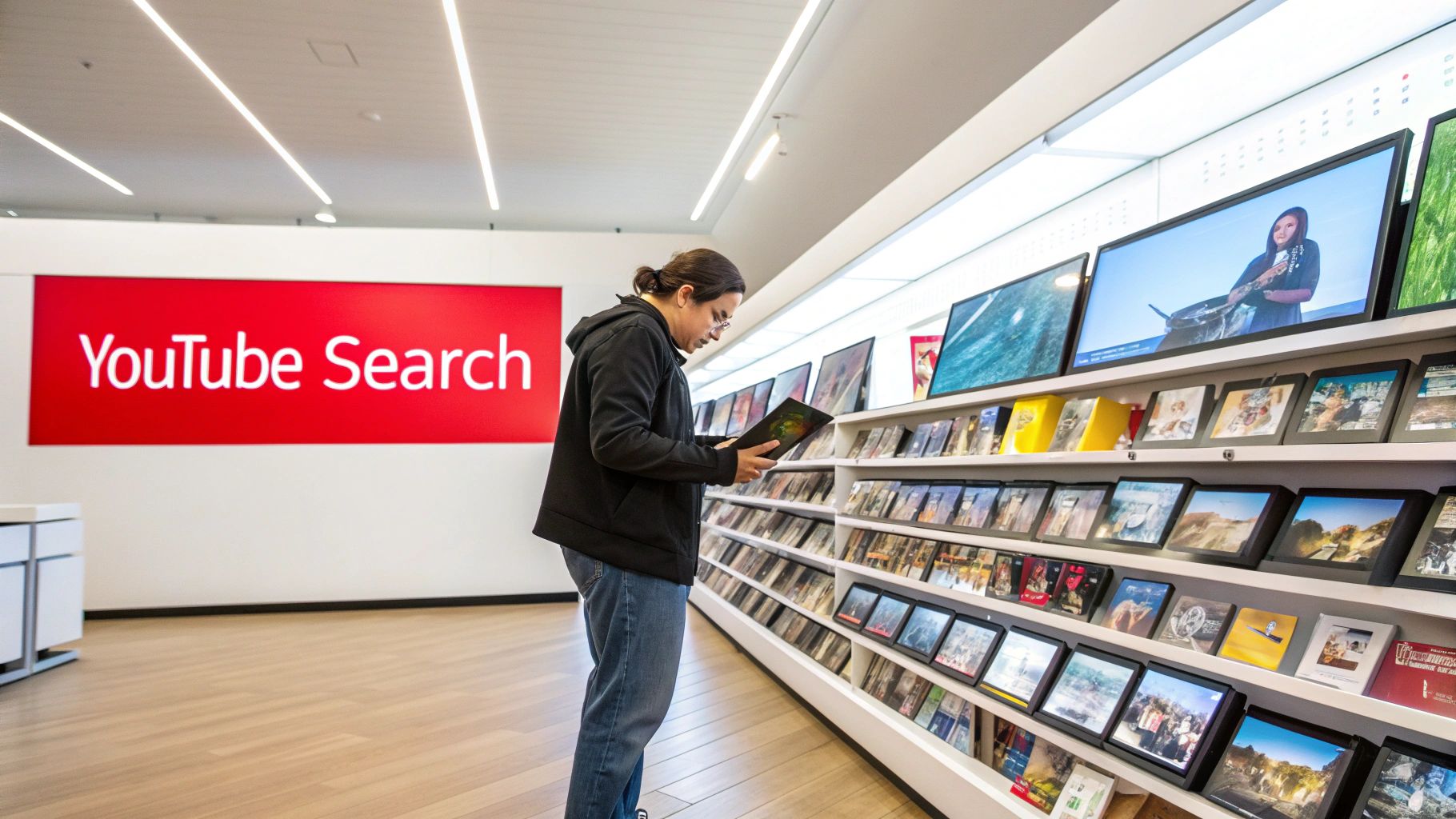 A person interacts with a YouTube Search interactive display featuring numerous digital frames and screens.