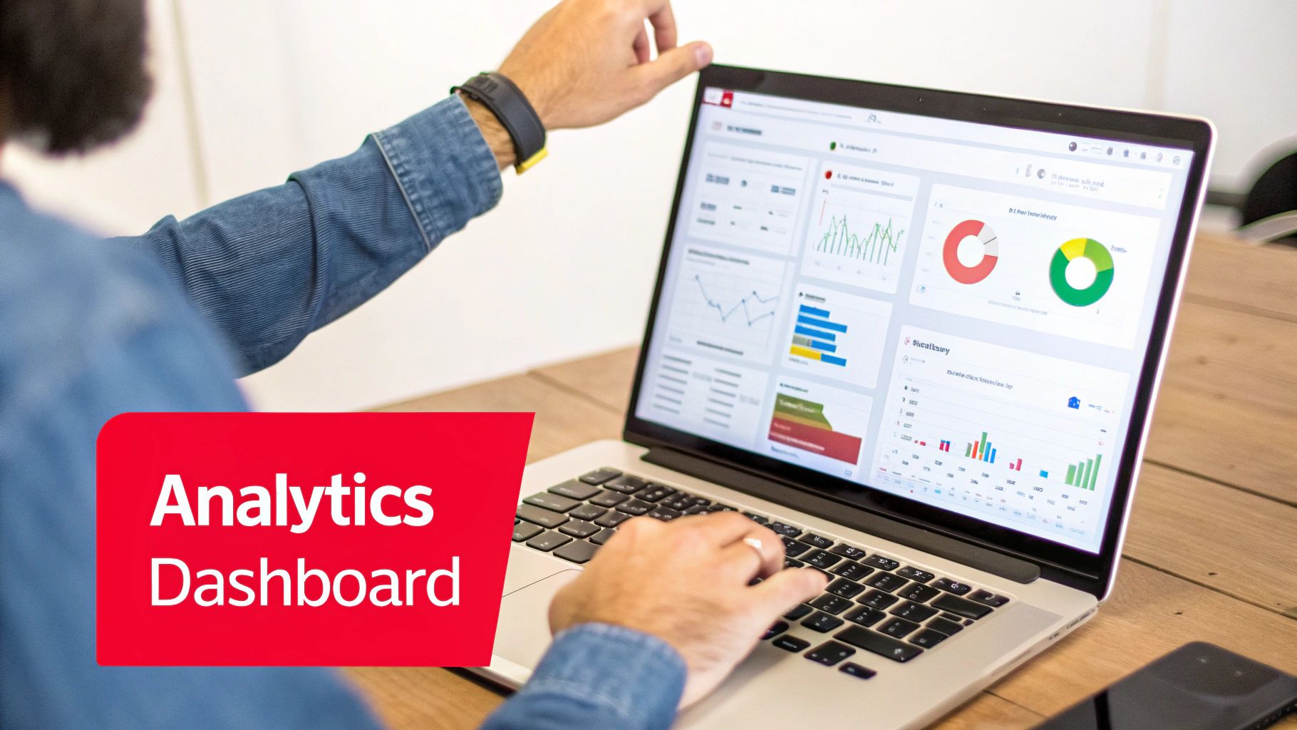 A person interacts with a laptop displaying a vibrant analytics dashboard with charts and graphs.