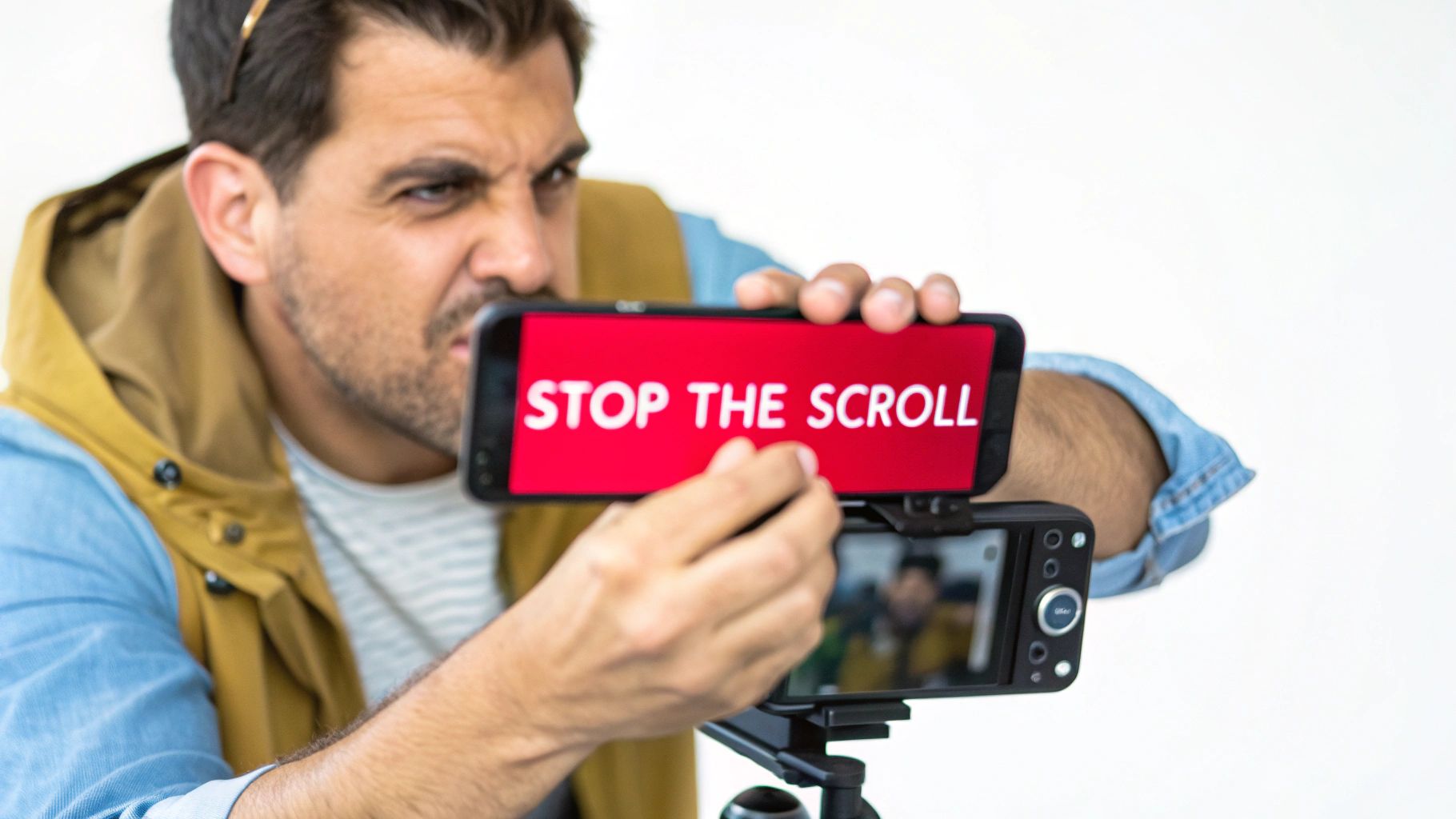 A focused man holds a smartphone displaying 'STOP THE SCROLL' while recording a video.