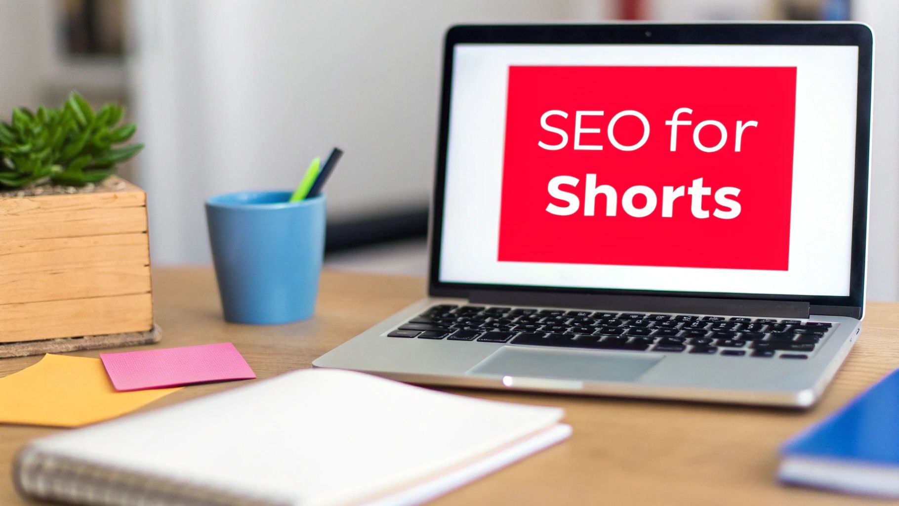 A silver laptop on a desk showing 'SEO for Shorts' on its bright red screen, next to office supplies.