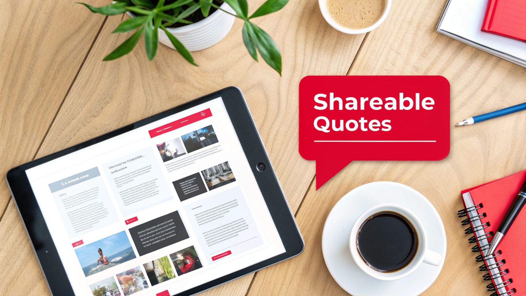 Flat lay of a wooden desk with a tablet, coffee, and a red speech bubble displaying 'Shareable Quotes'.