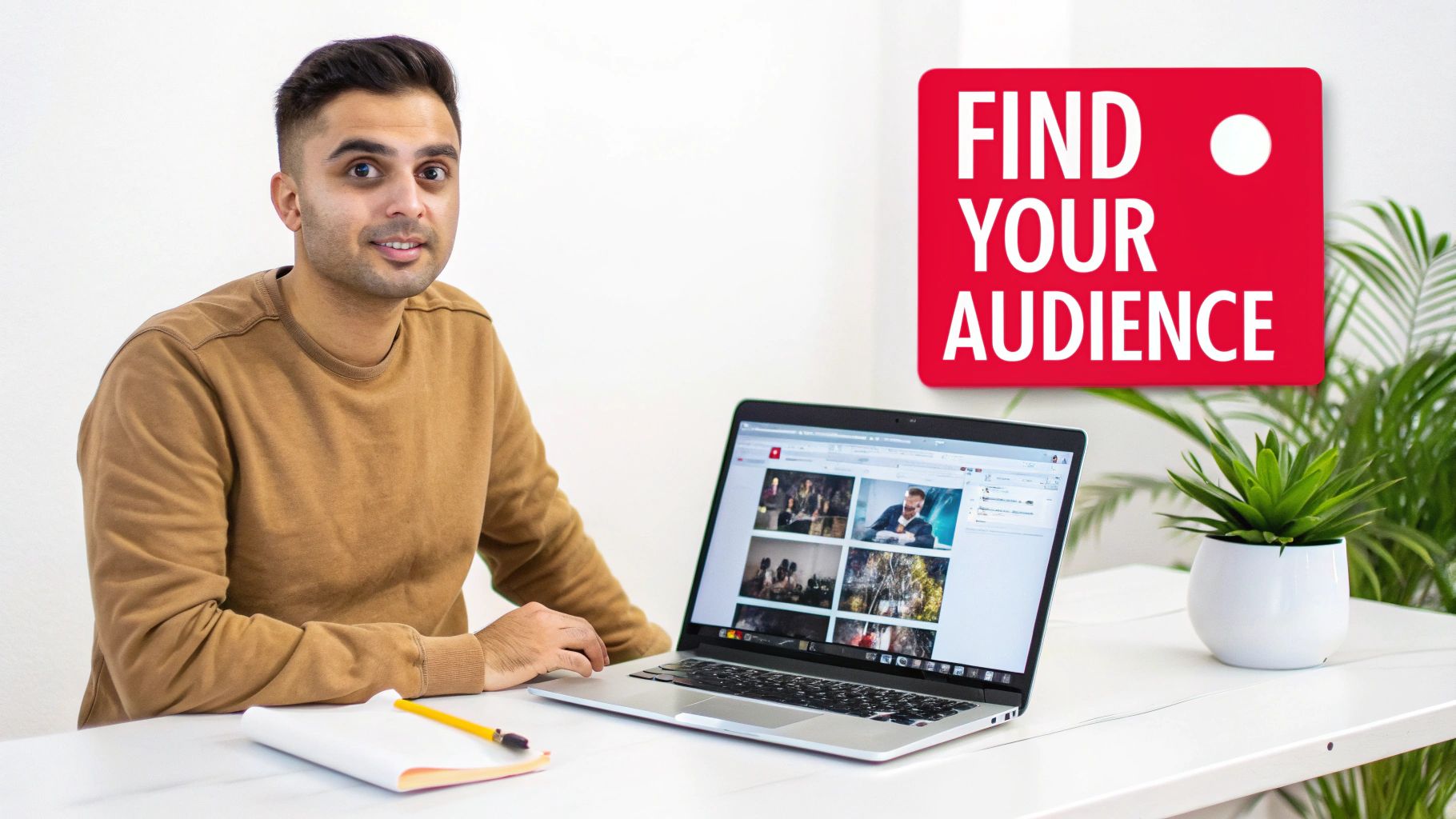 A man in a brown sweater sits at a desk with a laptop displaying photos, and a red sign says 'FIND YOUR AUDIENCE'.
