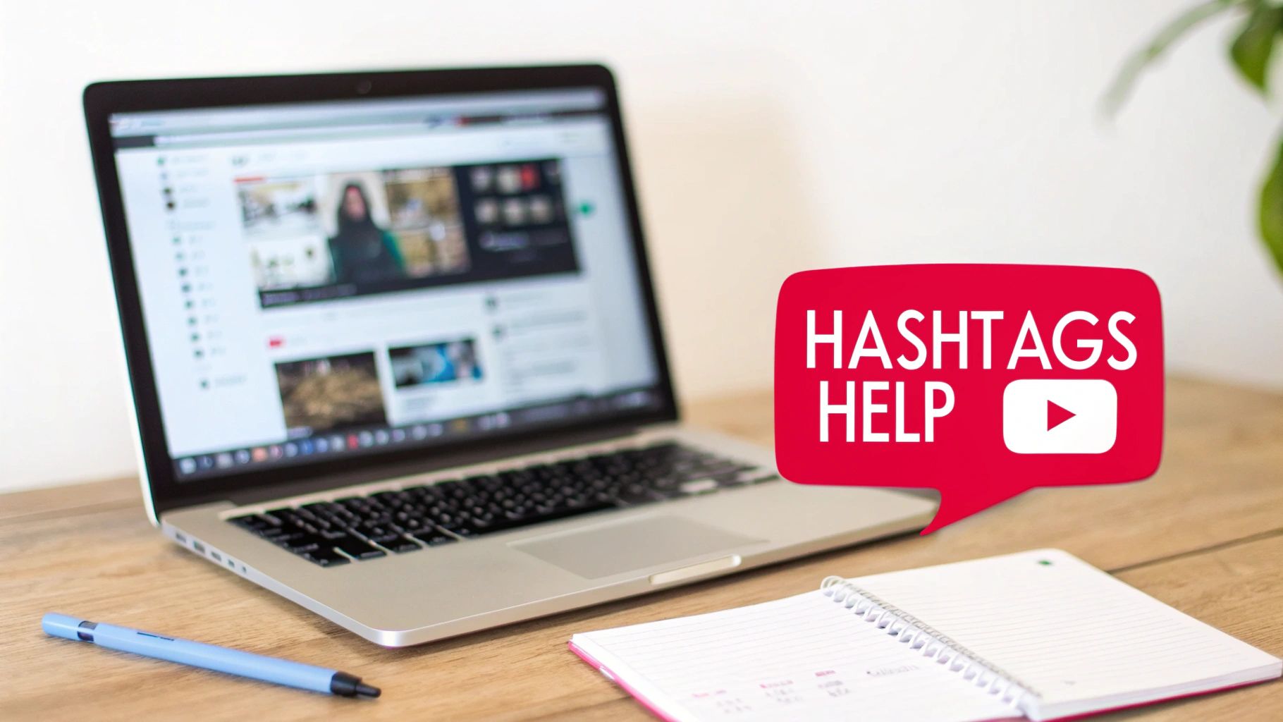 Laptop on desk displaying videos, with a 'HASHTAGS HELP' speech bubble including a YouTube icon, notebook, and pen.