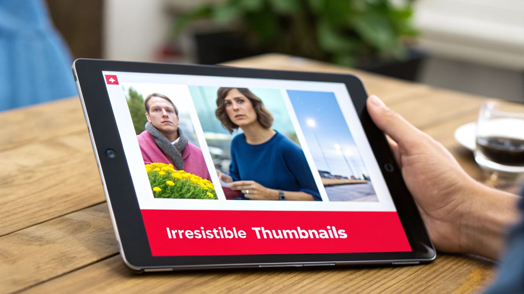 A person holds a tablet displaying 'Irresistible Thumbnails' with three example images, on a wooden table.