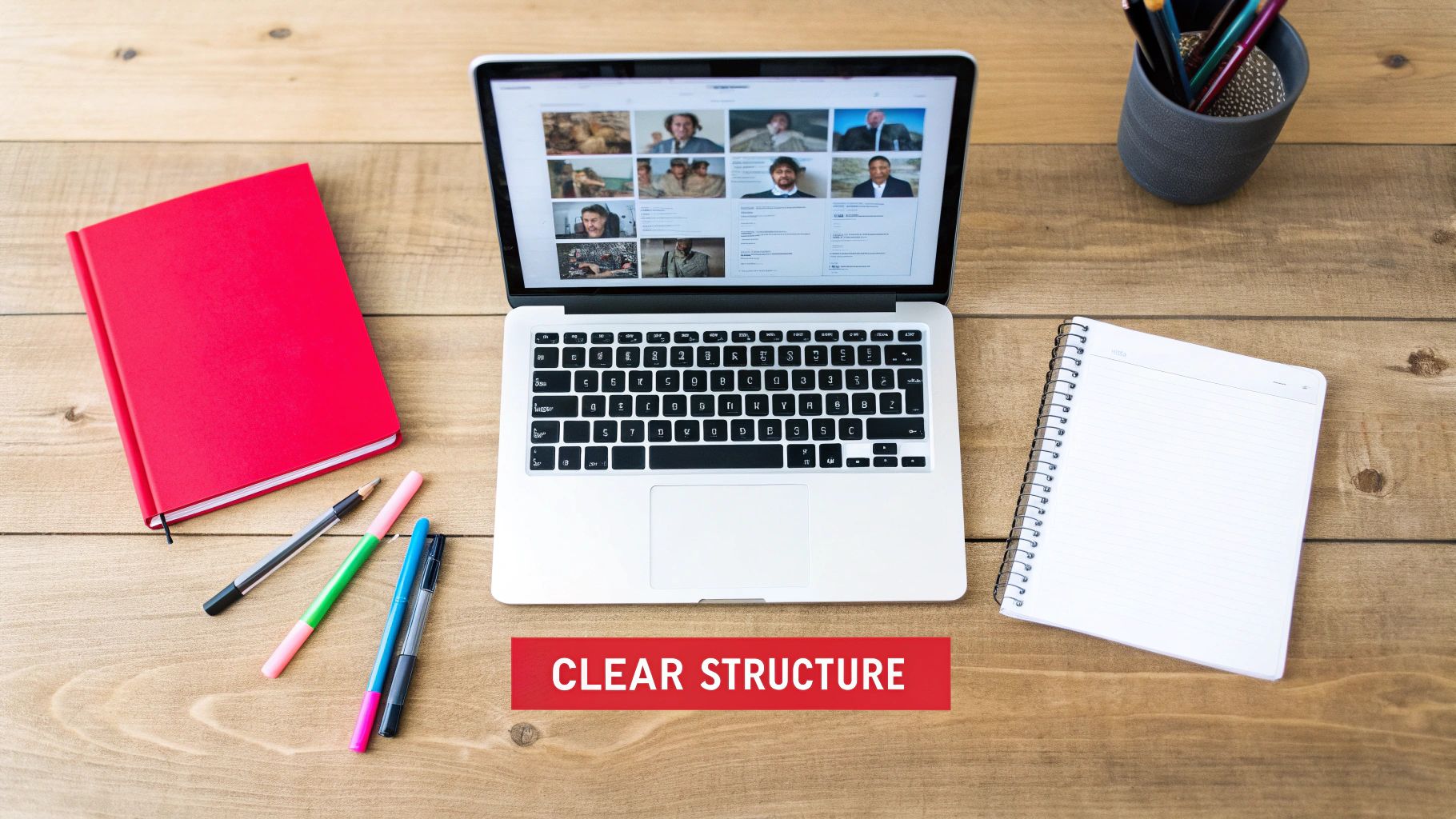 Flat lay of a wooden desk with a laptop, red notebook, pens, and a spiral notebook, featuring a 'CLEAR STRUCTURE' banner.