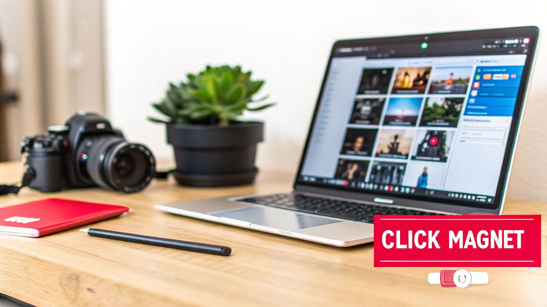 A desk with a laptop displaying video thumbnails, a camera, and a 'CLICK MAGNET' banner for viral content.