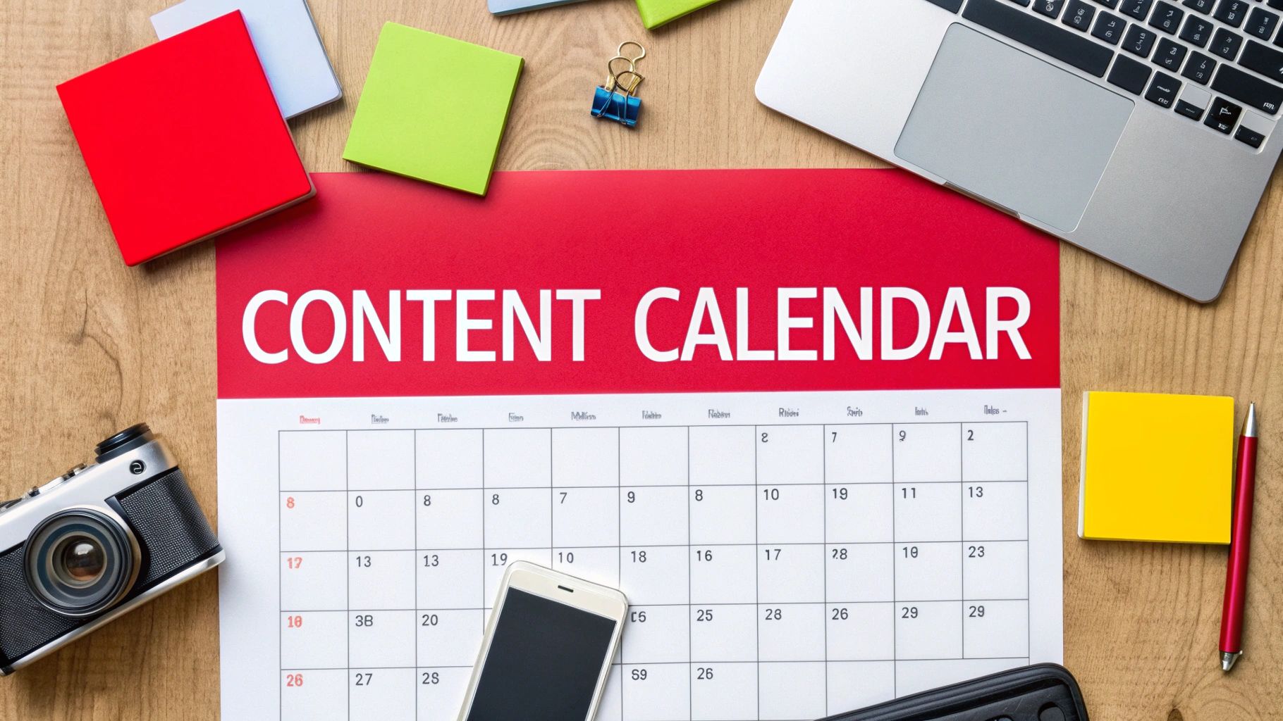A content calendar with a red header, laptop, camera, smartphone, and sticky notes on a wooden desk.