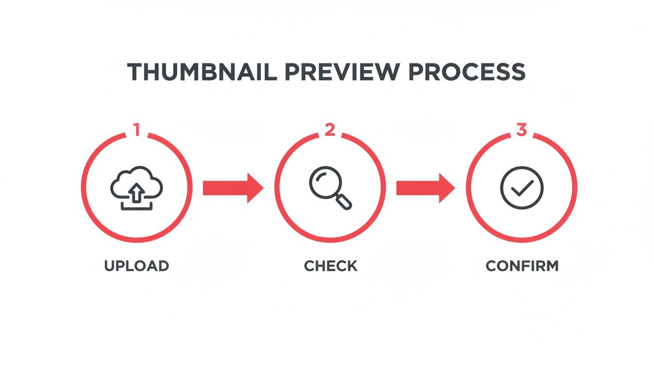 A three-step infographic showing the thumbnail preview process: upload, check, and confirm.