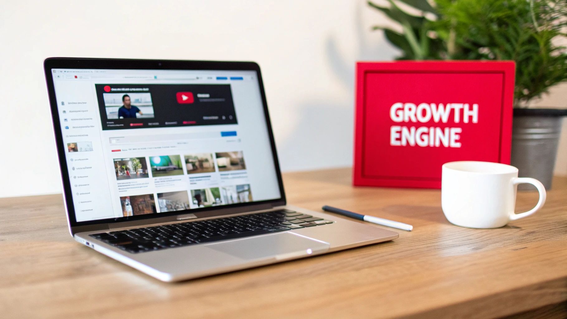 A laptop displaying a YouTube page next to a red 'GROWTH ENGINE' sign and a white coffee mug.