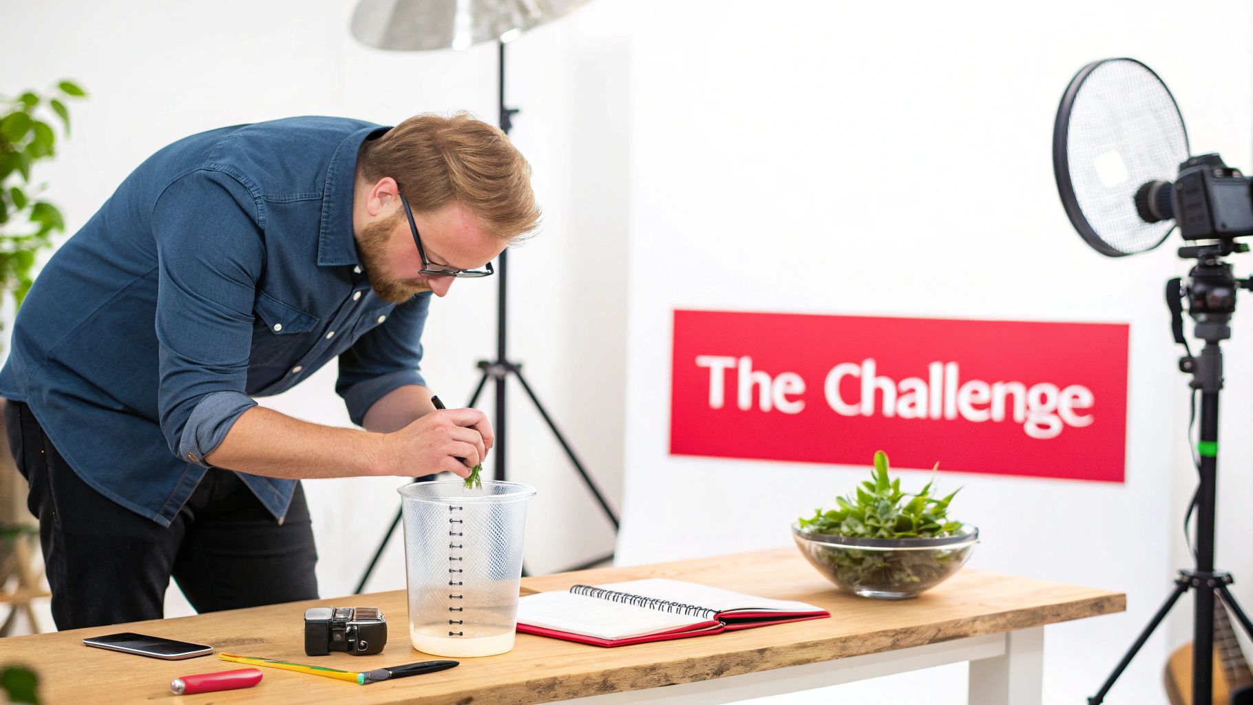 A man preparing food at a wooden table, with camera equipment and a "The Challenge" sign in the background.