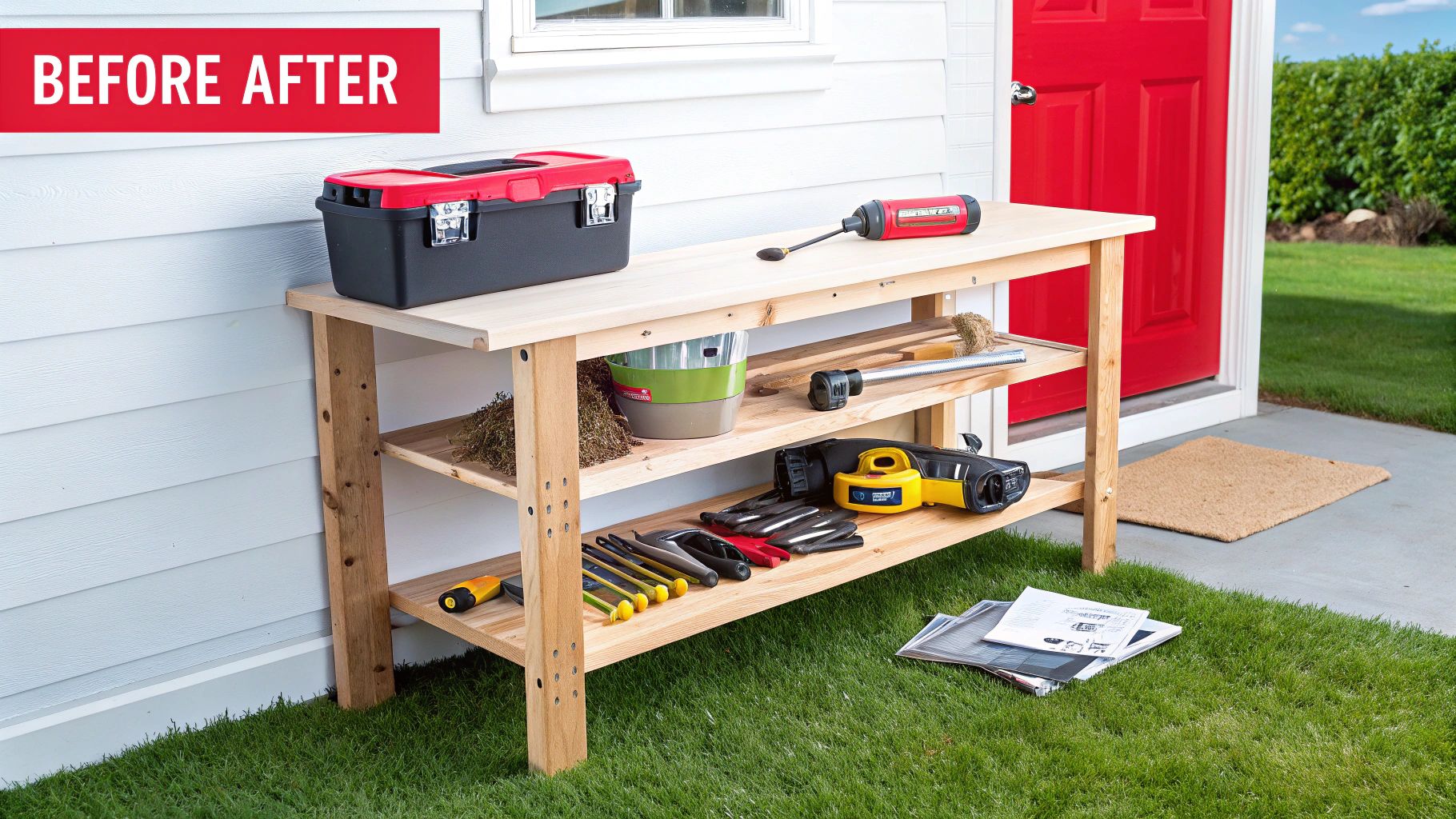 A wooden potting bench filled with gardening tools and a toolbox sits next to a white house with a red door.