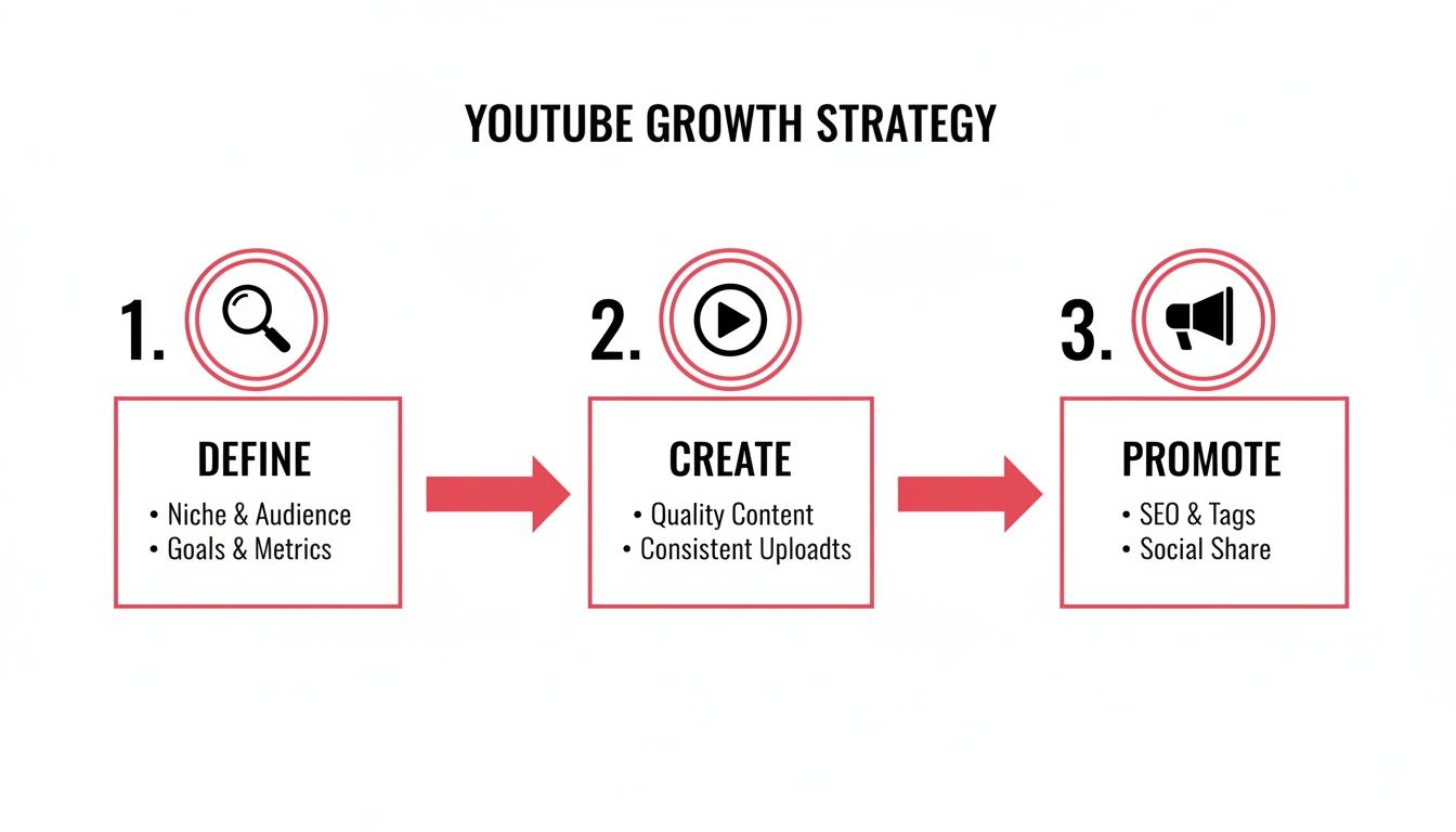A step-by-step flowchart for YouTube growth strategy: define, create, and promote content.