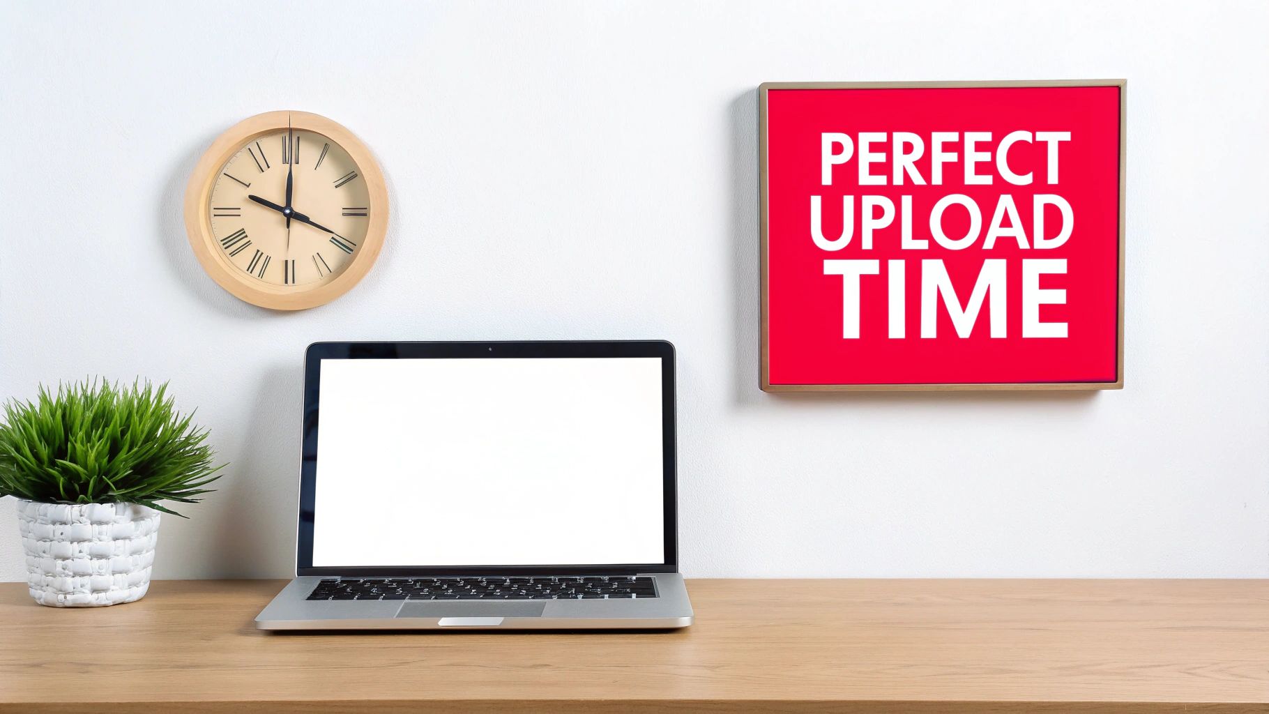 A clean desk with a laptop, potted plant, wall clock, and a sign saying 'Perfect Upload Time'.