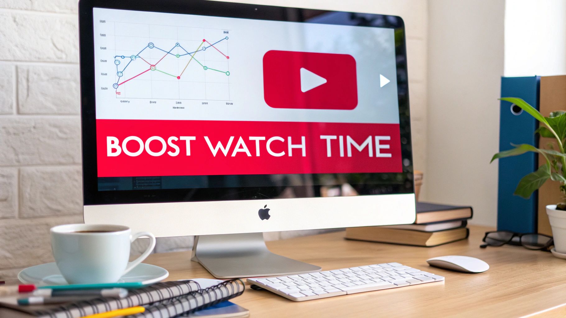 A desk setup with an Apple monitor displaying a YouTube graph and 'BOOST WATCH TIME' text, along with a coffee cup and notebooks.