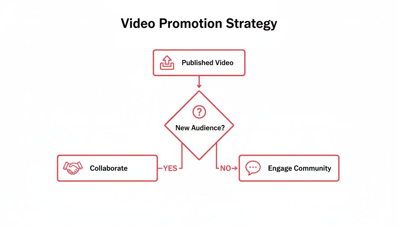 Flowchart outlining a video promotion strategy: publish, then decide whether to collaborate or engage the community.