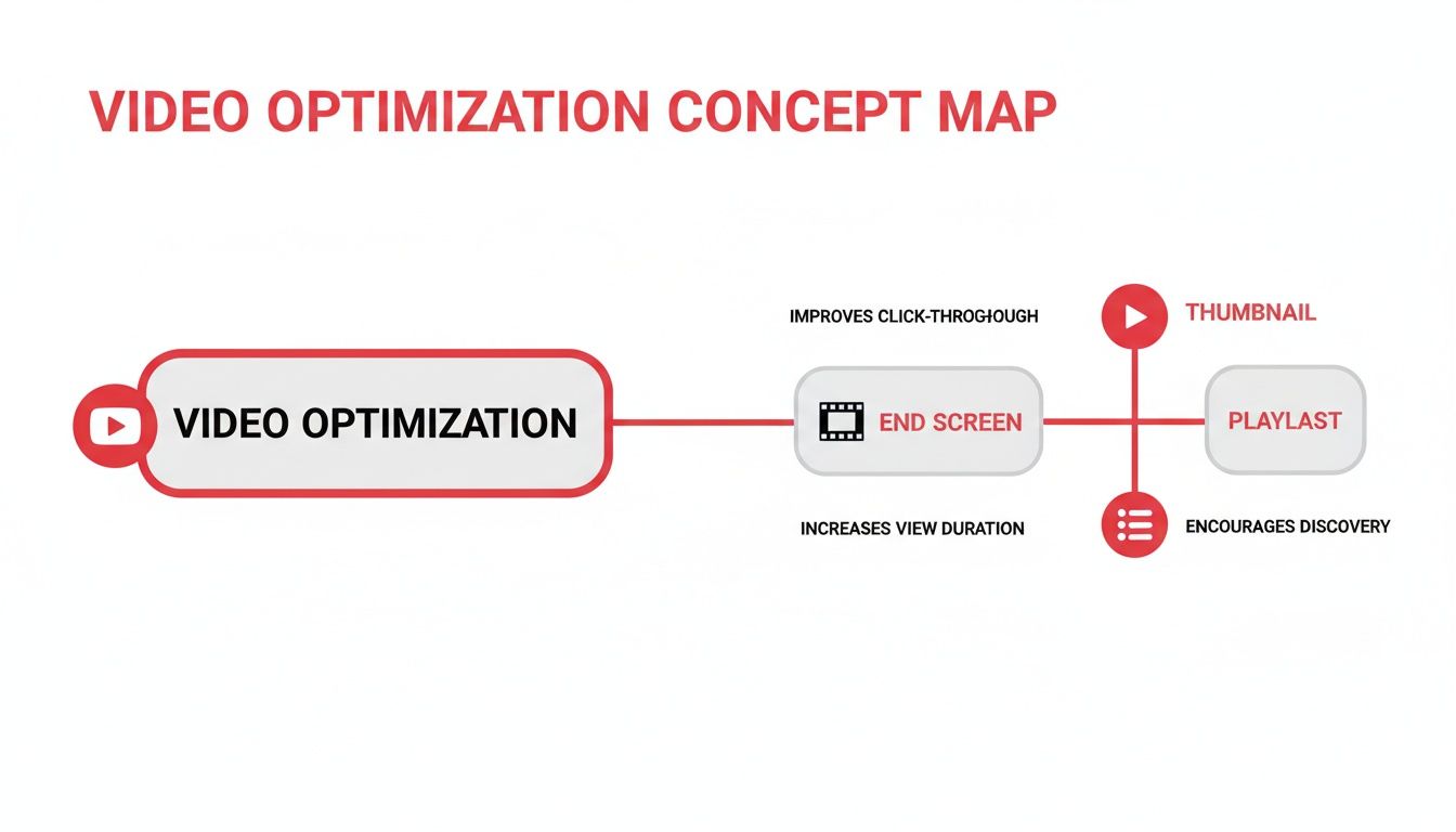 A concept map showing video optimization strategies with end screens, thumbnails, and playlists to improve engagement.