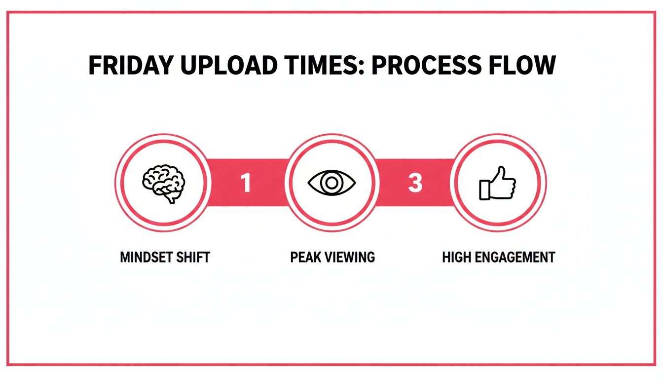 A process flow diagram detailing Friday upload times with steps: Mindset Shift, Peak Viewing, and High Engagement.